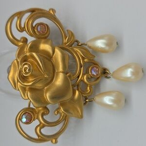 Avon Stamped Vintage Rose Brooch: 1980s Gold Tone AB Crystal Pearl Pin